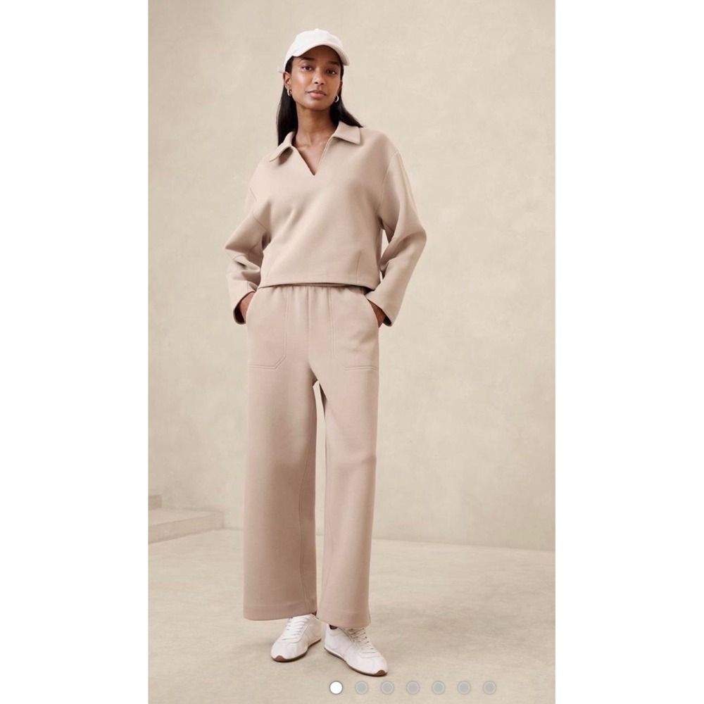 Banana Republic Womens Scuba Knit 2 Piece Set Tan Wide Leg Pant Polo Top Large